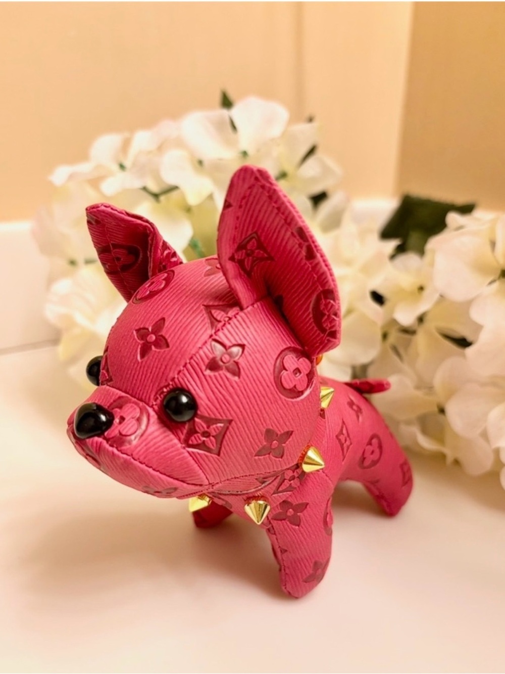 Bagcharm/Keychain adorable Frenchie dogs with spiked collars!  Hot Pink New! - Picture 6 of 6